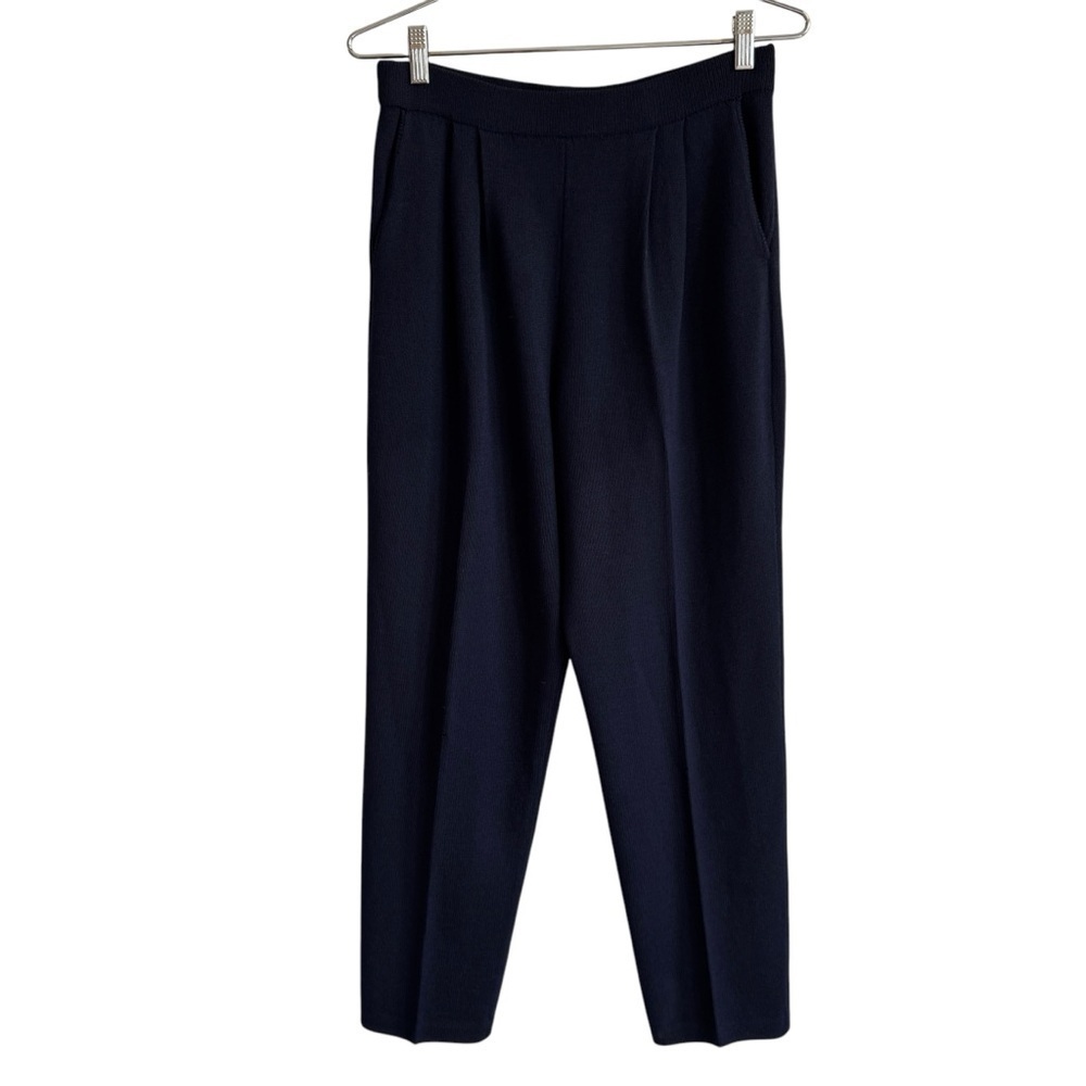 St. John Basics Navy Santana Knit Pleated Straight Leg Pants, Size 4
